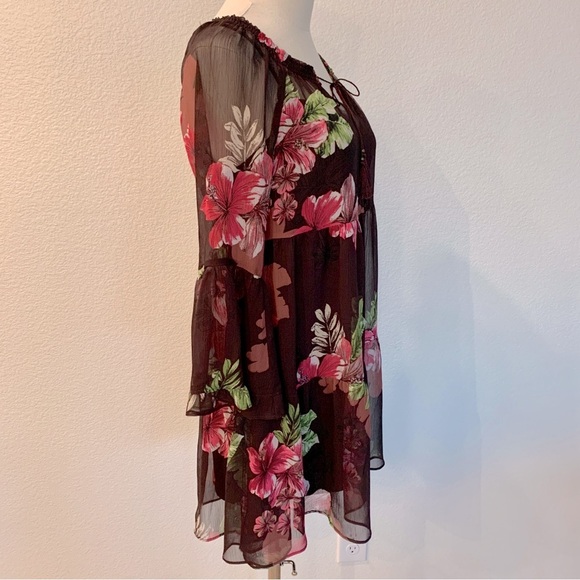 EXPRESS Brown Hibiscus Flower Floral Print Babydoll Chiffon Dress - Picture 2 of 11